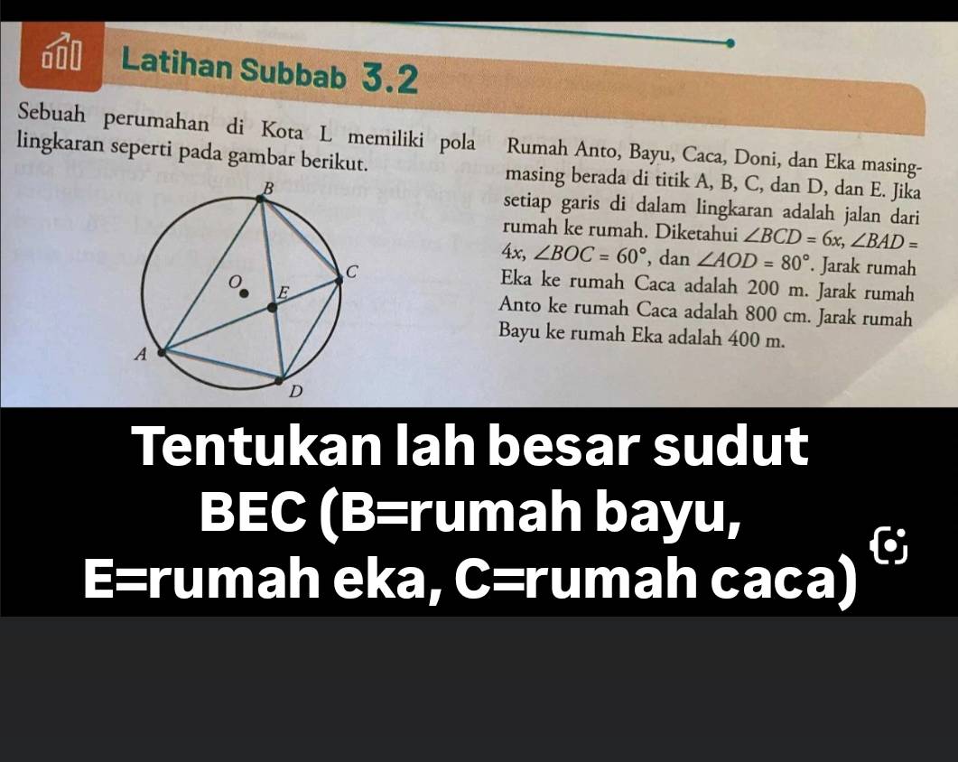 Latihan Subbab 3.2 
Sebuah perumahan di Kota L memiliki pola Rumah Anto, Bayu, Caca, Doni, dan Eka masing- 
lingkaran seperti pada gambar berikut. masing berada di titik A, B, C, dan D, dan E. Jika 
setiap garis di dalam lingkaran adalah jalan dari 
rumah ke rumah. Diketahui ∠ BCD=6x, ∠ BAD=
4x, ∠ BOC=60° , dan ∠ AOD=80°. Jarak rumah 
Eka ke rumah Caca adalah 200 m. Jarak rumah 
Anto ke rumah Caca adalah 800 cm. Jarak rumah 
Bayu ke rumah Eka adalah 400 m. 
Tentukan lah besar sudut 
BEC (B= rumah bayu, 
C 
E=rumah eka, C= rumah caca)