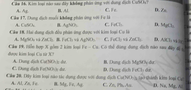 Kim loại nào sau dây không phân ứng với dung dịch CuSO₄?
A. Ag. B. Al. C. Fc. D. Zn.
Câu 17. Dung dịch muối không phân ứng với Fe là
A. CuSO B. AgNO_3. C. FeCl₃. D. MgCl_2 a
Câu 18. Hai dung dịch đều phân ứng được với kim loại Cu là
A. MgSO_4 và ZnCl_2 B. FeCl_3 vá AgNO_3. C. FeCl_2 và ZnCl_2. D. AICl_3 và HC a 1
Câu 19. Hỗn hợp X gồm 2 kim loại Fe - Cu 1, Có thể dùng dung dịch nào sau đây đề lun
được kim loại Cu từ X?
A. Dung dịch Cu(NO_3)_2 du. B. Dung dịch MgSO₄ dư.
C. Dung dịch Fe(NO_3)_2 dư. D. Dung dịch FeCl_3 d 1f
a
Câu 20. Dãy kim loại nào tác dụng được với dung dịch Cu(NO_3)_2 10 thành kim loại Cư
A. Al, Zn, Fe. B. Mg, Fe, Ag C. Zn, Pb, Au. D. Na, Mg, Al