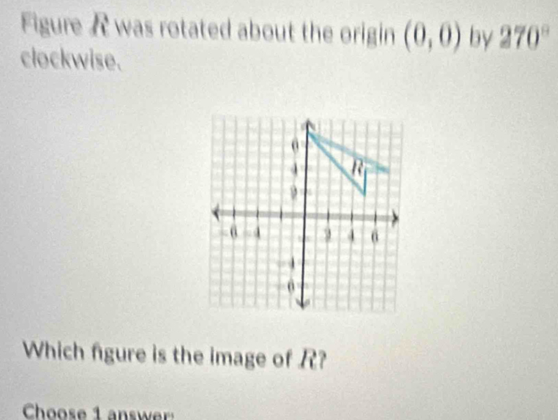 Figure R was rotated about the origin (0,0) by 270°
clockwise. 
Which figure is the image of ? 
Choose 1 answer: