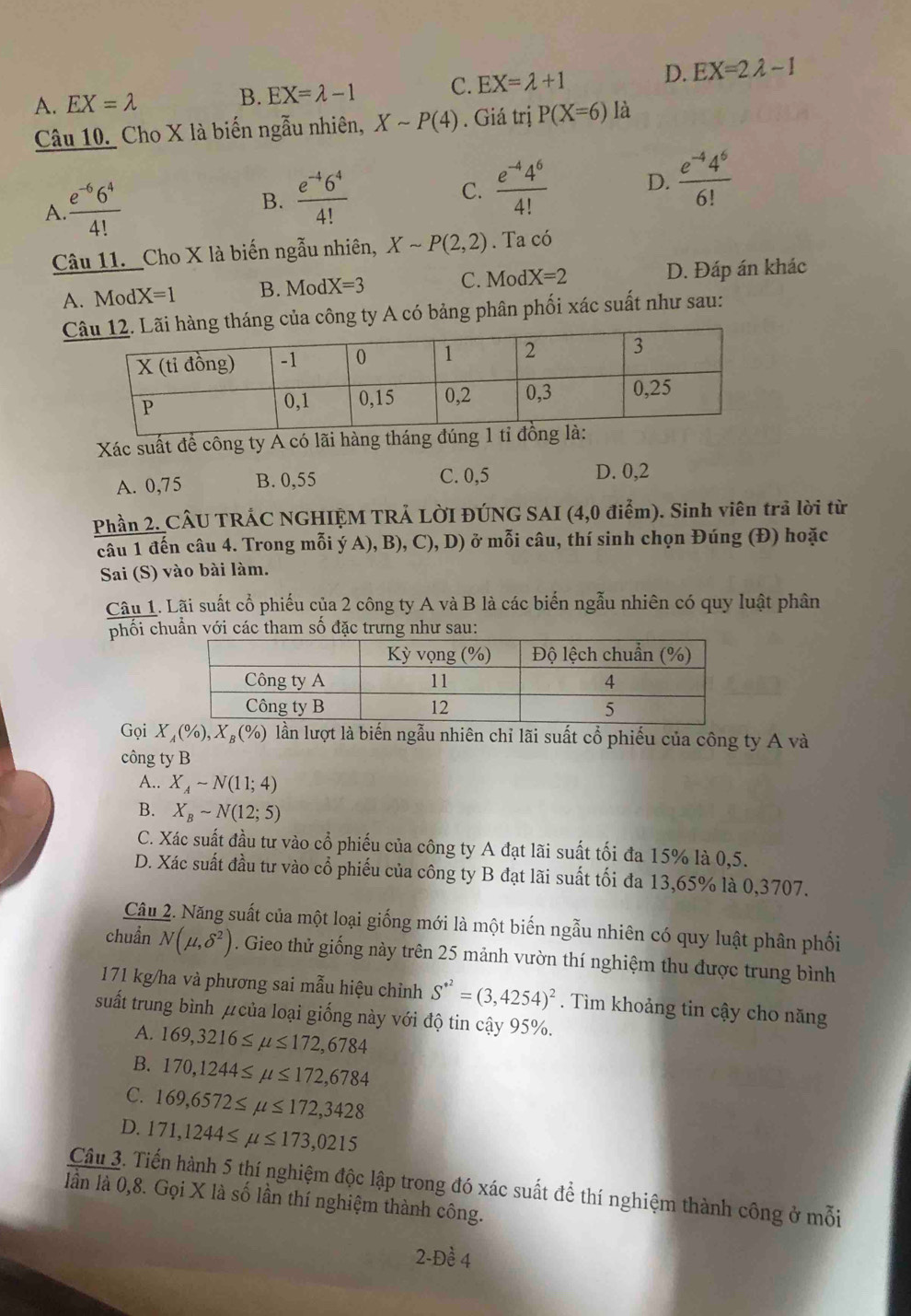 A. EX=lambda B. EX=lambda -1 C. EX=lambda +1 D. EX=2lambda -1
Câu 10. Cho X là biến ngẫu nhiên, Xsim P(4). Giá trị P(X=6) là
A.  (e^(-6)6^4)/4! 
B.  (e^(-4)6^4)/4!  C.  (e^(-4)4^6)/4!  D.  (e^(-4)4^6)/6! 
Câu 11. Cho X là biến ngẫu nhiên, Xsim P(2,2). Ta có
A. ModX=1 B. Mod X=3 C. Moc IX=2 D. Đáp án khác
Chàng tháng của công ty A có bảng phân phối xác suất như sau:
Xác suất để công ty A có lãi hàng tháng đúng 1 t
A. 0,75 B. 0,55 C. 0,5 D. 0,2
Phần 2. CÂU TRÁC NGHIỆM TRẢ LỜI ĐÚNG SAI (4,0 điểm). Sinh viên trả lời từ
câu 1 đến câu 4. Trong mỗi ý A), B), C), D) ở mỗi câu, thí sinh chọn Đúng (Đ) hoặc
Sai (S) vào bài làm.
Câu 1. Lãi suất cổ phiếu của 2 công ty A và B là các biến ngẫu nhiên có quy luật phân
phối chuẩn với các tham số đặc trưng như sau:
Gọi X_A(% ),X_B(% ) lần lượt là biến ngẫu nhiên chỉ lãi suất cổ phiếu của công ty A và
công ty B
A.. X_Asim N(11;4)
B. X_Bsim N(12;5)
C. Xác suất đầu tư vào cổ phiếu của công ty A đạt lãi suất tối đa 15% là 0,5.
D. Xác suất đầu tư vào cổ phiếu của công ty B đạt lãi suất tối đa 13,65% là 0,3707.
Câu 2. Năng suất của một loại giống mới là một biến ngẫu nhiên có quy luật phân phối
chuẩn N(mu ,delta^2). Gieo thử giống này trên 25 mảnh vườn thí nghiệm thu được trung bình
171 kg/ha và phương sai mẫu hiệu chỉnh S^(*^2)=(3,4254)^2. Tìm khoảng tin cậy cho năng
suất trung bình µ của loại giống này với độ tin cậy 95%.
A. 169,3216≤ mu ≤ 172,6784
B. 170,1244≤ mu ≤ 172,6784
C. 169,6572≤ mu ≤ 172,3428
D. 171,1244≤ mu ≤ 173,0215
Câu 3. Tiến hành 5 thí nghiệm độc lập trong đó xác suất để thí nghiệm thành công ở mỗi
lần là 0,8. Gọi X là số lần thí nghiệm thành công.
2-Dhat e4