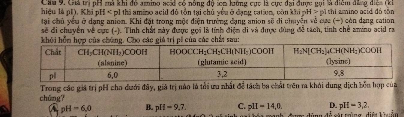 Giả trị pH mà khi đó amino acid có nông độ ion lưỡng cực là cực đại được gọi là điểm đăng điện (kí
hiệu là pI). Khi pH < pl thì amino acid đó tồn tại chủ yếu ở dạng cation, còn khi pH > pl thì amino acid đó tồn
tại chủ yểu ở dạng anion. Khi đặt trong một điện trường dạng anion sẽ di chuyển về cực (+) còn dạng cation
sẽ di chuyển về cực (-). Tính chất này được gọi là tính điện di và được dùng đề tách, tinh chế amino acid ra
khỏi hỗn hợp của chúng. Cho các giá trị pl của các chất sau:
Trong các giá trị pH cho dưới đây, giá trị nào là tối ưu nhất để tách ba chất trên ra khỏi dung dịch hỗn hợp của
chúng?
A pH=6,0
B. pH=9,7. C. pH=14,0. D. pH=3,2.
ng để sát trùng, diệt khuẩn