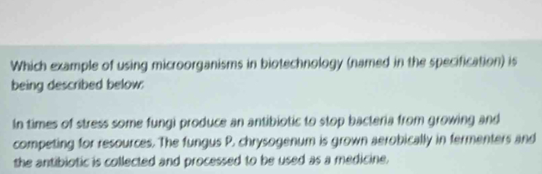 Which example of using microorganisms in biotechnology (named in the specification) is 
being described below: 
In times of stress some fung) produce an antibiotic to stop bacteria from growing and 
competing for resources. The fungus P. chrysogenum is grown aerobically in fermenters and 
the antibiotic is collected and processed to be used as a medicine.