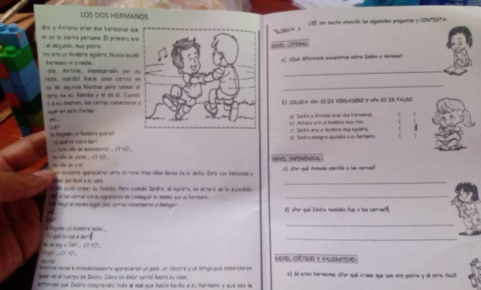 LOS DOS HERMANOS
LEE can mucha atención len siguientes proguates y CONTESTA
dro y Antonia erán dos herisános que
sn en la sierra peruana. El primeró aña
: el segundo, suy pobre NIVEL LITERAL
Ira era un hombre egaista. Nunca eyud
herpass ni a nadie.a) ¿Qué diferencia encuentras entre Isidra y Antonis?
d ia. Antonia, desesperado por s
reza, marchó hacio unos carros e
_
ca de algunax hierbas para caímar e
_
abre de su familia y el de él. Cuand
5 a su destino, los cerral comenzaron b) COLOCA =Y= SI ES VERDADERO Y =F= SI ES PALSO
agar en estu forma
1
ye!...a) Inidro y Antónia eran dez harmanse. ( )
() Antomic erd un hombre muy rez.
to legads un hammors poore?c) Inldro era un hombre muy egaiste. ( )l
Từ qué le 4à8 a dard 1) Enidro eiempre ayudaba a s. hermana.  
__ lume alle de mezomarrs _ CY t1) __.
no sllo de pletal _ CY t_.
na alla de srcl NIVEL INFERENCIAL
we moments aparecieror ante Antonio tree ollas llenas de ls dicho. Este con felicidad y c) ¿Por qué Antsnio marchá o los cerras?
s lse tmó e su cara.
_
e te pudo comer su familia. Pers cuando Zeidro, el egsista, se enteró de la zucedido.
e ó a lue cerroe con la experanzo de contnquir la mismo que su hermano._
t ae lngó al mismo lugar, loe cerros comenzaron a dialogar
d) Por qué Isidro tumbién fue o los carros?
i llegads un hombre maial!.
_
* qué le «se a dar
_
so le vey a diar! . . <
Migol ___cY =2?_  Nivel crético y Valorativo :
Vcste
arónílas voces e inmediatamente aparecieron un palo, un chicote y un lstigo que comenzórón n) Si eron hermonas ¿Por qué craes que uno era pobre y el stro rico?
pear en el cuerpo de Isidro. Lleno de dolor corrió hasta su casa.
*storces que Isidro comprendió toda el mal que había hecho a su hermano y que eso le