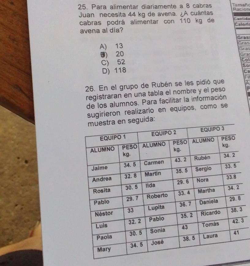 Para alimentar diariamente a 8 cabras Tamaño
Juan necesita 44 kg de avena. ¿A cuántas Racion
cabras podrá alimentar con 110 kg de Cantida
Caloria
avena al día?
Gras
A) 13
Gras
Gras
B) 20 Gra
C) 52
Col
So
D) 118
Ca
Fil
26. En el grupo de Rubén se les pidió que A
registraran en una tabla el nombre y el peso P
de los alumnos. Para facilitar la información
sugirieron realizarlo en equipos, como se
ida:
3