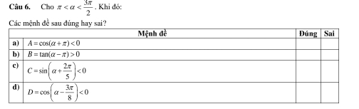 Cho π . Khi đó:
Các mệnh đề sau đúng hay sai?