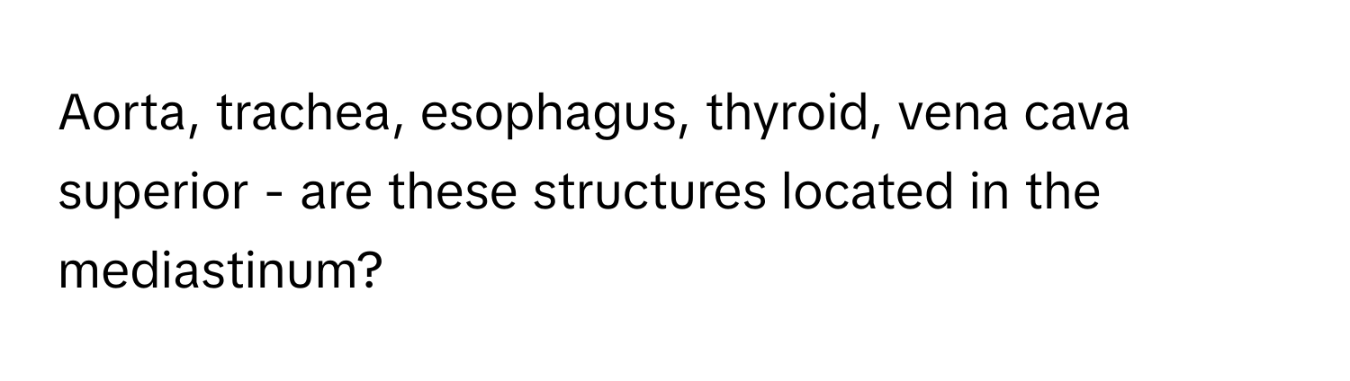 Aorta, trachea, esophagus, thyroid, vena cava superior - are these structures located in the mediastinum?