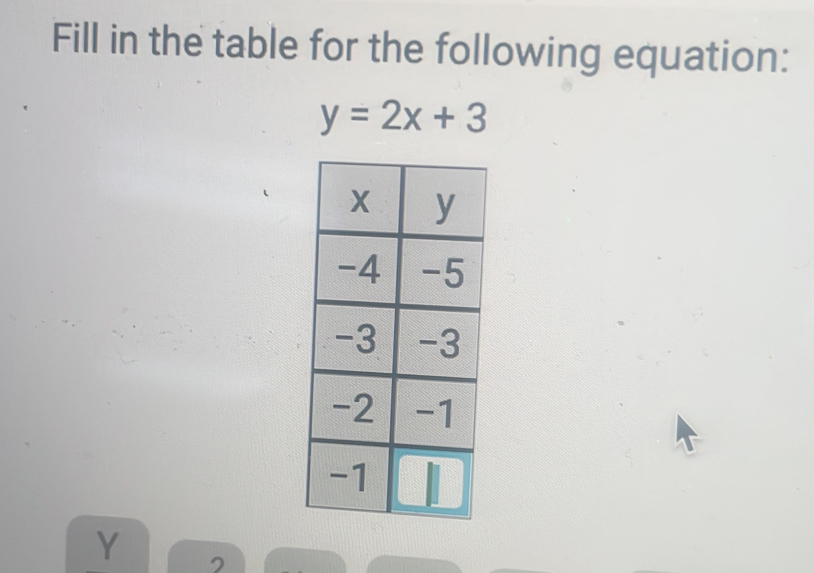 Fill in the table for the following equation:
y=2x+3
Y 2