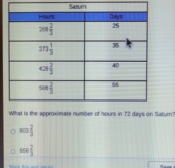 of hours in 72 days on Saturn?
803 2/3 
658 2/3 
Mark this and retur 
Save