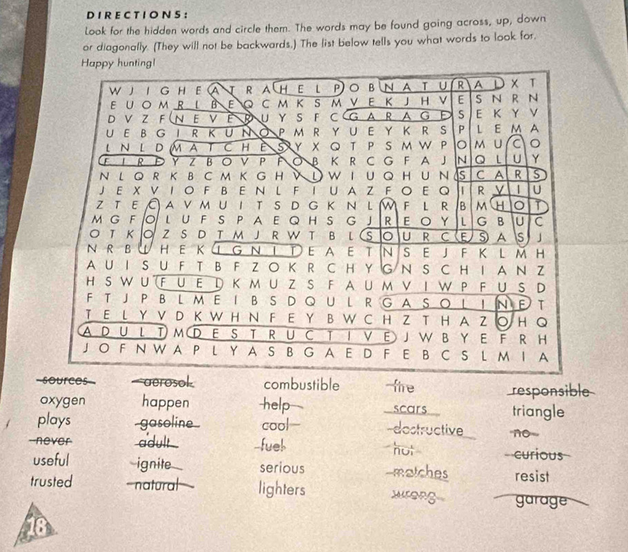 DI R E C TI O N S ：
Look for the hidden words and circle them. The words may be found going across, up, down
or diagonally. (They will not be backwards.) The list below tells you what words to look for.
Happy huntingl
W J I G H E A R A H E L P OBNA T U R A L T
E U O M R L BE Q с M Κ S M V E Κ J H v E S N R N
D V Z F (N E V Ε R U Y S F C G A R A G Ε S E K Y V
UE BG IR KUN O P M R YUE Y K R S P L E M A
LΝ LDMAT CHE SY X Q T P SMW P M U 。
E L R Ε Y Z B O V P F  O B K R C G F A J N Q L U Y
N L Q R K B C M K G H V L W I U Q H U N ds C A R S
J E X V I O F BE N L FT U A Z F O E Q R V | U
z t e Ca v m u i t s d g k n l W F l r B M H T
M G F O L U F S PA E Q H S G J R E  O Y L G B U C
O T Κ O Z S D T M J R W T B L(S O U R C E  S A s J
NR B Ü H E K ① G Ν Ι ΤE A ET N S E J F Κ L м H
A U I S U F T B F Z O K R C H Y G N S C H IAN Z
HSWUFUΕり ΚмUZ S FAuмν Ι WP F∪S D
F T JP BLM E I B S D Q U L R GA SO LINET
T E L Y V D K W H N F E Y B W C H Z T H A Z ○ H Q
A D U L T M D E S T R U C T I V E J W B Y E F RH
J O F N WA P L Y A S B G A E D F E B C S L M I A
-sources= - aerosok combustible fire
responsible
oxygen happen help scars triangle
plays -gasoline cool- -dostructive "no-
--never adult -fue! hut
curious
useful ignite serious -matches resist
trusted  natural lighters wrong garage 、