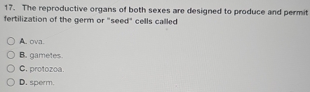 The reproductive organs of both sexes are designed to produce and permit
fertilization of the germ or "seed" cells called
A. ova.
B. gametes.
C. protozoa.
D. sperm.