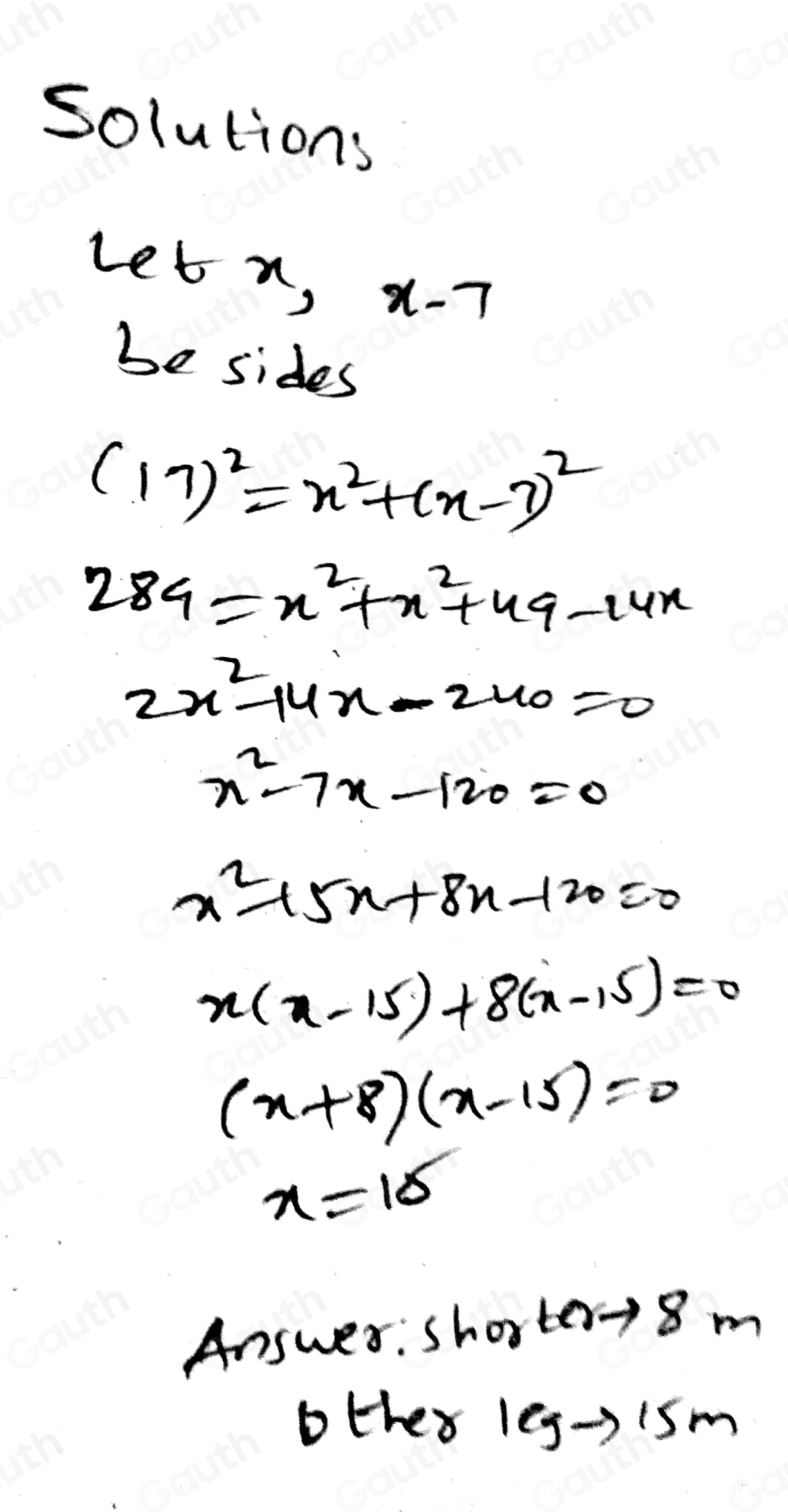 Solved: The shortest leg of a triangle is 7 meters shorter than the ...