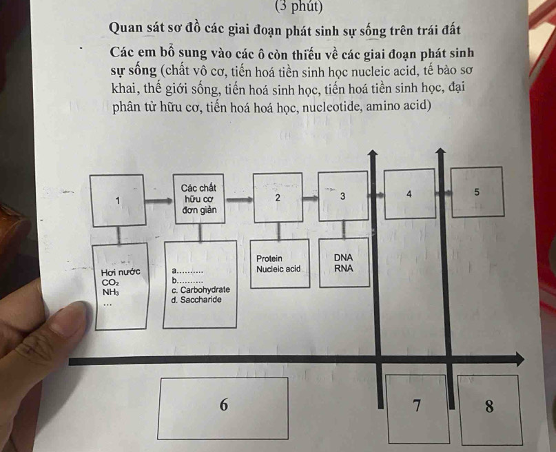 (3 phút)
Quan sát sơ đồ các giai đoạn phát sinh sự sống trên trái đất
Các em bổ sung vào các ô còn thiếu về các giai đoạn phát sinh
sự sống (chất vô cơ, tiến hoá tiền sinh học nucleic acid, tế bào sơ
khai, thế giới sống, tiến hoá sinh học, tiến hoá tiền sinh học, đại
phân tử hữu cơ, tiến hoá hoá học, nucleotide, amino acid)