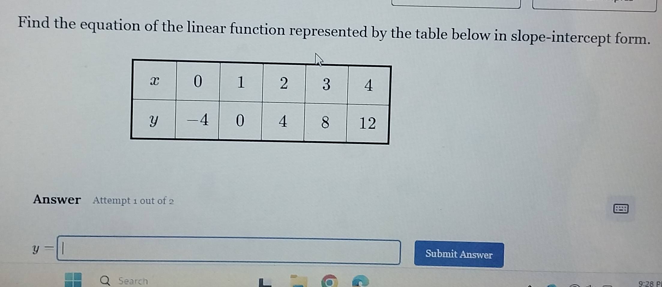 Solved: Find the equation of the linear function represented by the ...