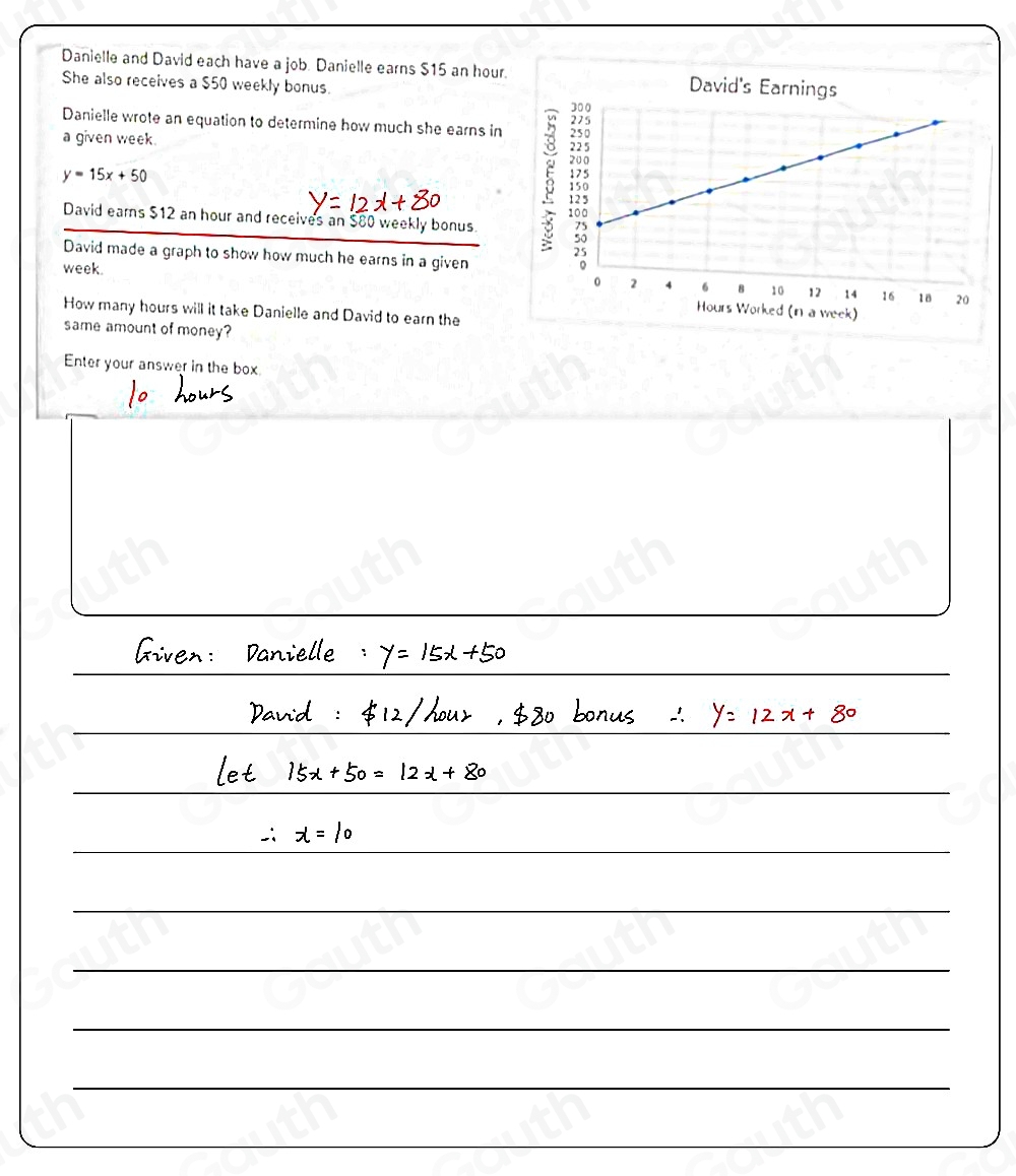 Danielle and David each have a job. Danielle earns $15 an hour. David's Earnings 
She also receives a $50 weekly bonus. 
Danielle wrote an equation to determine how much she earns in 
a given week.
y=15x+50
David earns $12 an hour and receives an $80 weekly bonus. 
5 20
David made a graph to show how much he earns in a given
week. Hours Worked (n a week) 
How many hours will it take Danielle and David to earn the 
same amount of money? 
Enter your answer in the box