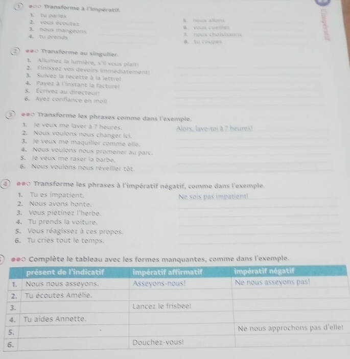 Te00 Transforme à l'impératif. 
1. tu paries 
2. vous écoutez _8. nows allons_ 
3. nous mangeons _B. vou cuellles_ 
4. tu prends _A nous chaisisson_ 
_8. to coupes_ 
2 e●○ Transforme au singulier. 
1. Allumez la lumière, s'il vous plait!_ 
2. Finíssez vos devoirs immédiatement!_ 
3. Suívez la recette à la lettre! 
_ 
4. Payez à l'instant la facturel 
_ 
_ 
S. Ecrívez au directeur! 
_ 
6. Ayez confiance en moi 
3 ●● Transforme les phrases comme dans l'exemple. 
1. Je veux me laver à 7 heures. Alors, lave-toi à 7 heures!_ 
2. Nous voulons nous changer ici._ 
3. Je veux me maquiller comme elle._ 
4. Nous voulons nous promener au parc._ 
_ 
5. Je veux me raser la barbe. 
6. Nous voulons nous réveiller tôt._ 
ee0 Transforme les phrases à l'impératif négatif, comme dans l'exemple. 
1. Tu es impatient. Ne sois pas impatient!_ 
2. Nous avons honte. 
_ 
3. Vous piétinez l'herbe. 
_ 
4. Tu prends la voiture. 
_ 
5. Vous réagissez à ces propos._ 
6. Tu cries tout le temps. 
_ 
●●0 Complète le tableau avec les formes manquantes, comme dans l'exemple. 
_