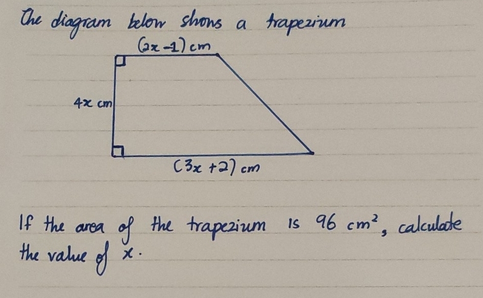 The diagram below shows a trapezium
If the area of the trapezium is 96cm^2 , calculate
the value of x.