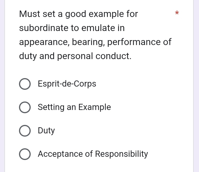 Must set a good example for
*
subordinate to emulate in
appearance, bearing, performance of
duty and personal conduct.
Esprit-de-Corps
Setting an Example
Duty
Acceptance of Responsibility