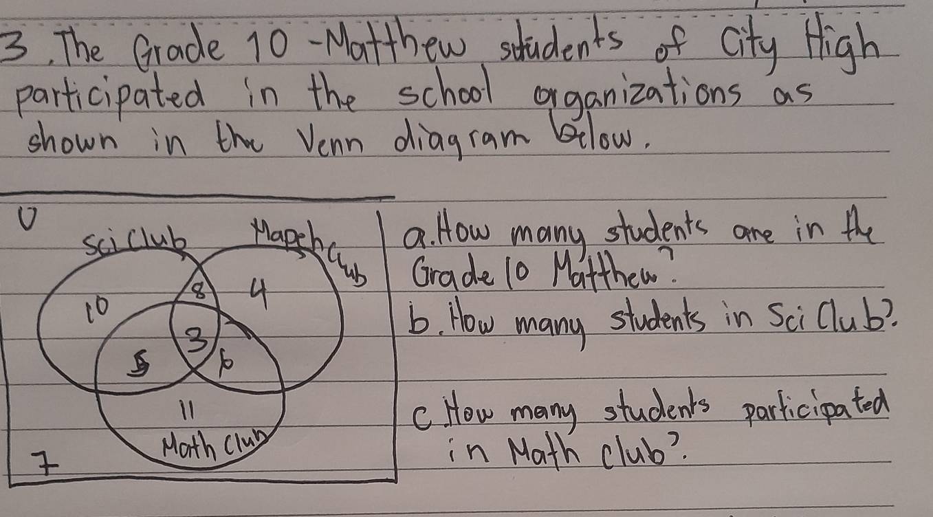 The Grade 10 - Matthew students of city High 
participated in the school organizations as 
shown in the Venn diagram below. 
ow many students are in the 
de 10 Matthew? 
How many students in Sci Club? 
ow many students participated 
n Math club?