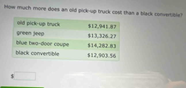 How much more does an old pick-up truck cost than a black convertible? 
ς