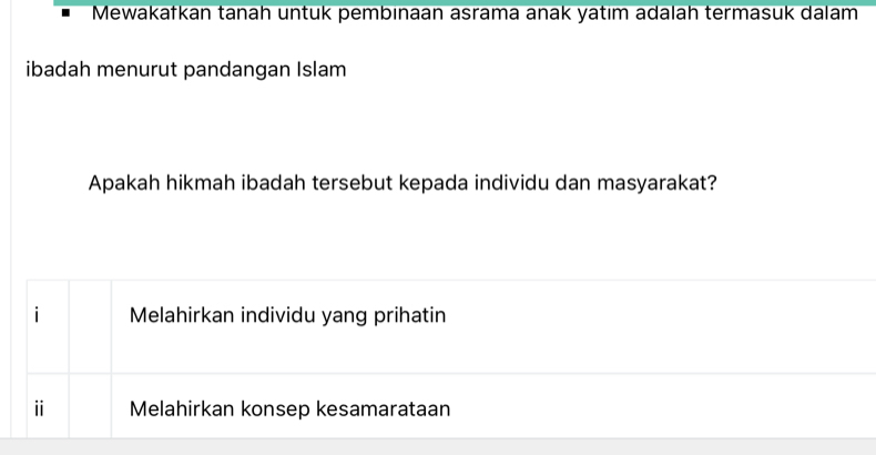 Mewakafkan tanah untuk pembınaan asrama anak yatım adalah termasuk dalam
ibadah menurut pandangan Islam
Apakah hikmah ibadah tersebut kepada individu dan masyarakat?
i Melahirkan individu yang prihatin
ⅱ Melahirkan konsep kesamarataan