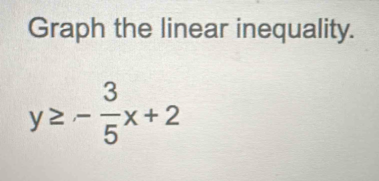 Graph the linear inequality.
y≥ - 3/5 x+2