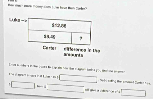 How much more money does Luke have than Carter? 
Luke
$12.86
$8.49 ? 
Carter difference in the 
amounts 
Enter numbers in the boxes to explain how the diagram helps you find the answer. 
The diagram shows that Luke has $. Subtracting the amount Carfer has 
s □. from $ will give a difference of S