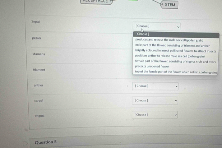 STEM
Sepal [ Choose ]
( Choose )
petals produces and release the male sex cell (pollen grain)
male part of the flower, consisting of filament and anther
brightly coloured in insect pollinated flowers to attract insects
stamens positions anther to release male sex cell (pollen grain)
female part of the flower, consisting of stigma, style and ovary
protects unopened flower
flament top of the female part of the flower which collects pollen grains
anther [ Choose ]
carpel [ Choose ]
stigma [ Choose ]
Question 5