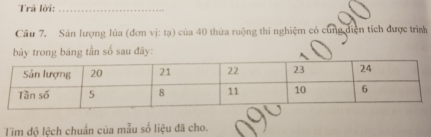 Trả lời:_ 
Câu 7. Sản lượng lúa (đơn vị: tạ) của 40 thửa ruộng thí nghiệm có cùng diện tích được trình 
bày trong bảng tần số sau đây: 
Tìm độ lệch chuẩn của mẫu số liệu đã cho.