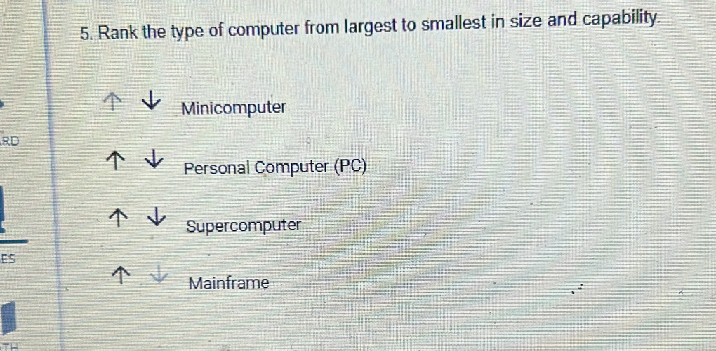 Solved: Rank the type of computer from largest to smallest in size and ...