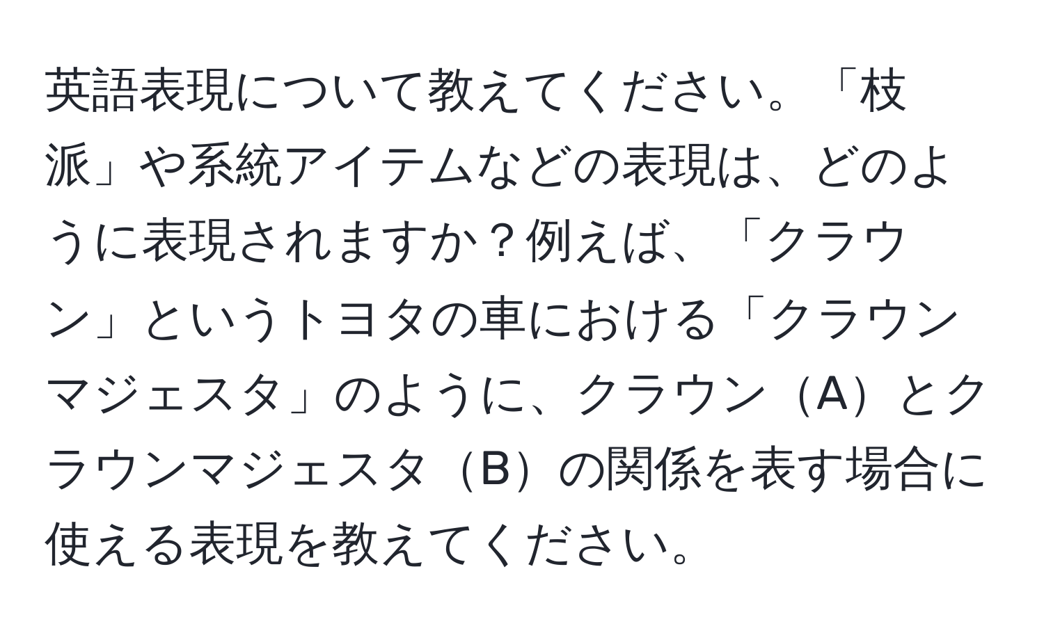 英語表現について教えてください。「枝派」や系統アイテムなどの表現は、どのように表現されますか？例えば、「クラウン」というトヨタの車における「クラウンマジェスタ」のように、クラウンAとクラウンマジェスタBの関係を表す場合に使える表現を教えてください。