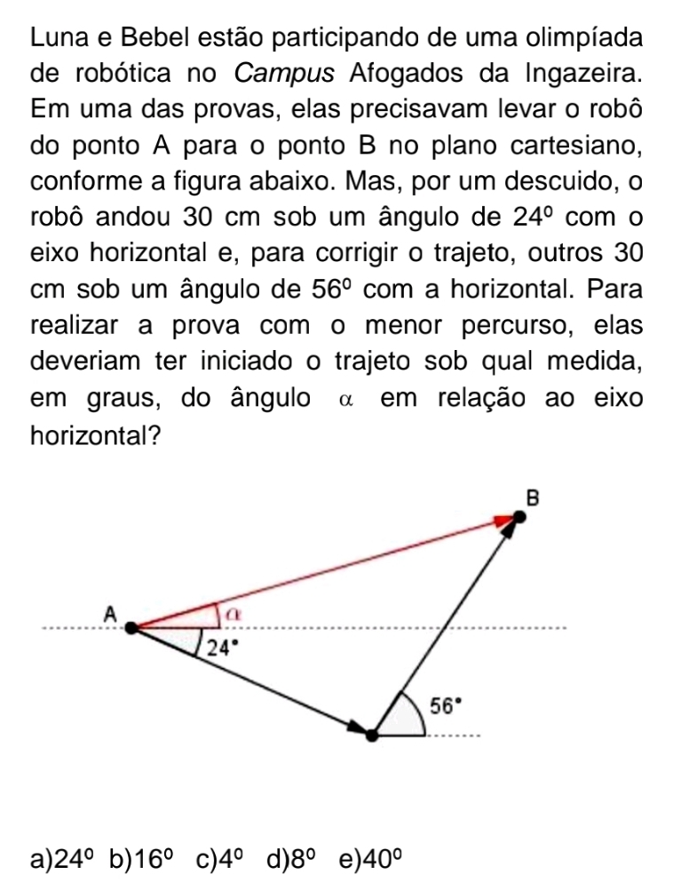 Luna e Bebel estão participando de uma olimpíada
de robótica no Campus Afogados da Ingazeira.
Em uma das provas, elas precisavam levar o robô
do ponto A para o ponto B no plano cartesiano,
conforme a figura abaixo. Mas, por um descuido, o
robô andou 30 cm sob um ângulo de 24° com o
eixo horizontal e, para corrigir o trajeto, outros 30
cm sob um ângulo de 56° com a horizontal. Para
realizar a prova com o menor percurso, elas
deveriam ter iniciado o trajeto sob qual medida,
em graus, do ângulo α em relação ao eixo
horizontal?
B
A
α
24°
56°
a) 24° b) 16° c) 4° d) 8° e) 40°