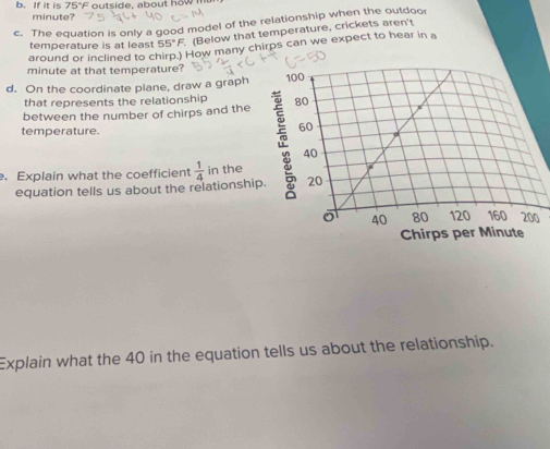 75°F outside, about how mt 
b. If it is minute? 
c. The equation is only a good model of the relationship when the outdoo 
temperature is at least 55°F. (Below that temperature, crickets aren't 
around or inclined to chirp.) How many chirps can we expect to hear in a
minute at that temperature? 
d. On the coordinate plane, draw a graph 
that represents the relationship 
between the number of chirps and the 
temperature. 
. Explain what the coefficient  1/4  in the 
equation tells us about the relationshi 
0 
Explain what the 40 in the equation tells us about the relationship.