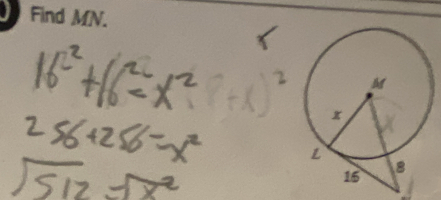 16^2+16^2=x^2
256+256=x^2
sqrt(512)=endarray =5x^2