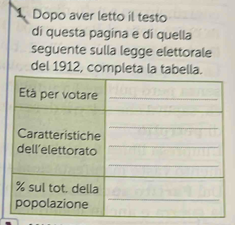 Dopo aver letto il testo 
dí questa pagina e dí quella 
seguente sulla legge elettorale 
del 1912, completa la tabella.