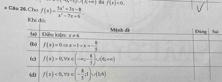 (0,-1)∪ (3;+∈fty ) thì f(x)<0.
» Câu 26.Cho f(x)= (5x^2+3x-8)/x^2-7x+6 .
Khi đó: