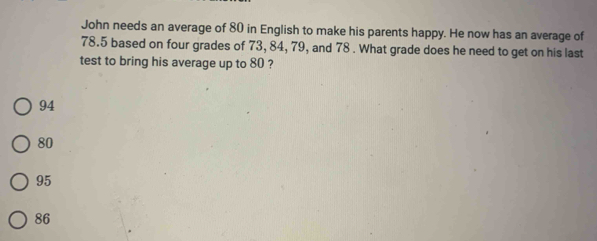 John needs an average of 80 in English to make his parents happy. He now has an average of
78.5 based on four grades of 73, 84, 79, and 78. What grade does he need to get on his last
test to bring his average up to 80 ?
94
80
95
86