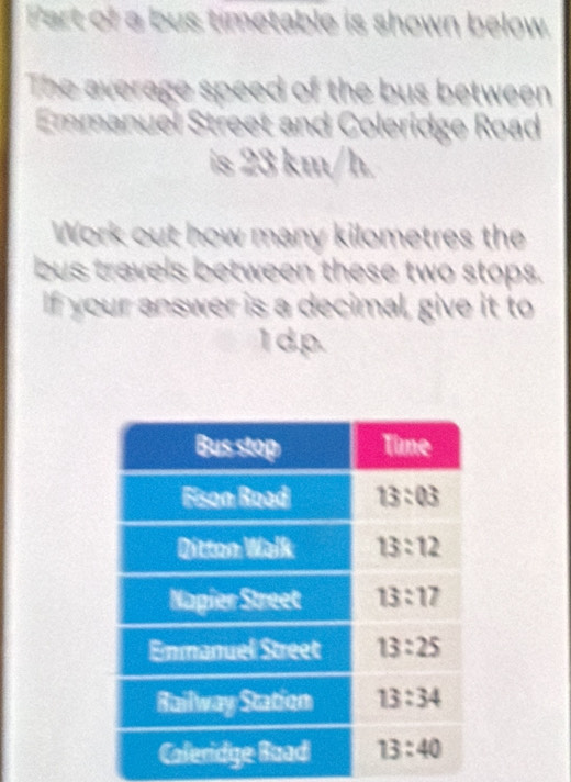 Part of a bus timetable is shown below
The average speed of the bus between
Emmanuel Street and Coleridge Road
is 28 km/h.
Work out how many kilometres the
bus travels between these two stops.
If your answer is a decimal, give it to
1dp.