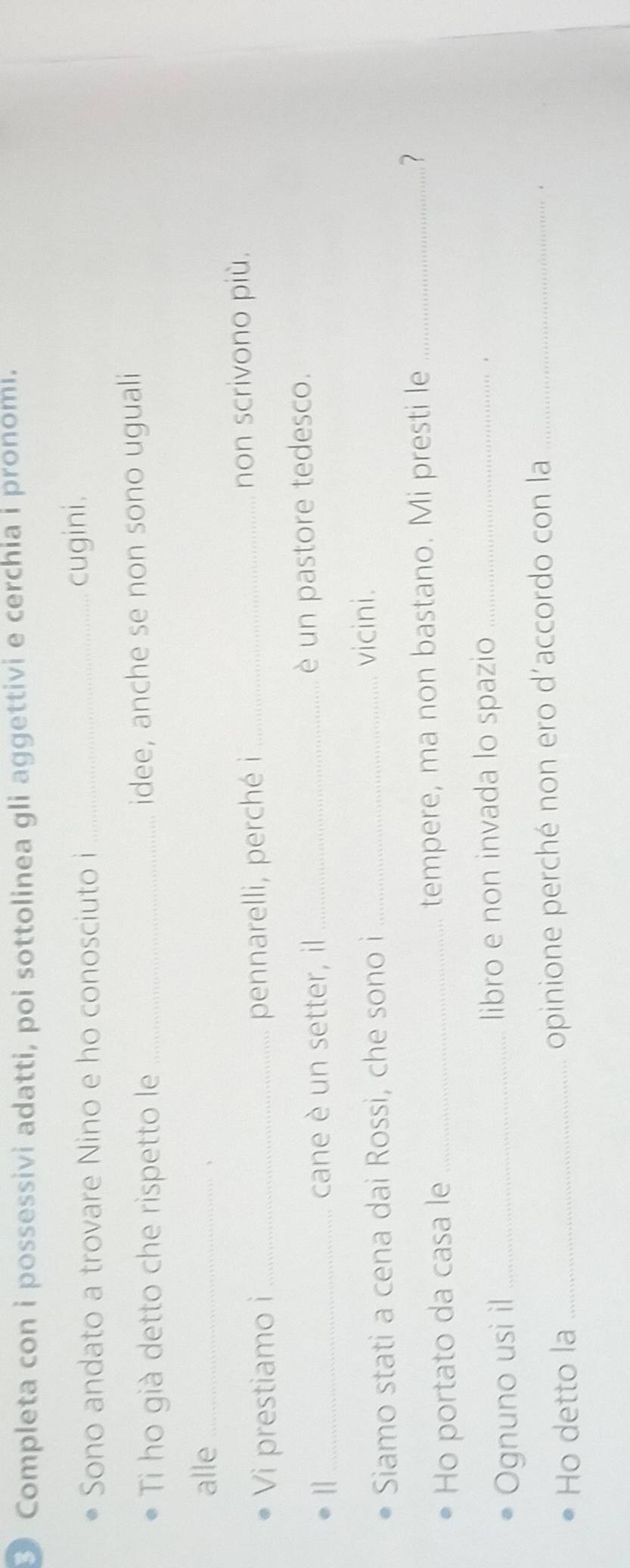 Completa con i possessivi adatti, poi sottolinea gli aggettivi e cerchia i pronomi. 
Sono andato a trovare Nino e ho conosciuto i _cugini. 
Ti ho già detto che rispetto le _idee, anche se non sono uguali 
alle_ 
Vi prestiamo i_ pennarelli, perché i_ 
non scrivono più. 
| cane è un setter, il _è un pastore tedesco. 
Siamo stati a cena dai Rossi, che sono i_ 
vicini. 
Ho portato da casa le _tempere, ma non bastano. Mi presti le _? 
Ognuno usi il _libro e non invada lo spazio_ 
Ho detto la _opinione perché non ero d´accordo con la_