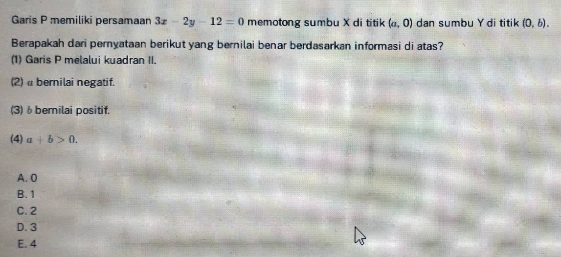 Garis P memiliki persamaan 3x-2y-12=0 memotong sumbu X di titik (a,0) dan sumbu Y di titik (0,b). 
Berapakah dari pernyataan berikut yang bernilai benar berdasarkan informasi di atas?
(1) Garis P melalui kuadran II.
(2) α bernilai negatif.
(3) 6 bernilai positif.
(4) a+b>0.
A. 0
B. 1
C. 2
D. 3
E. 4