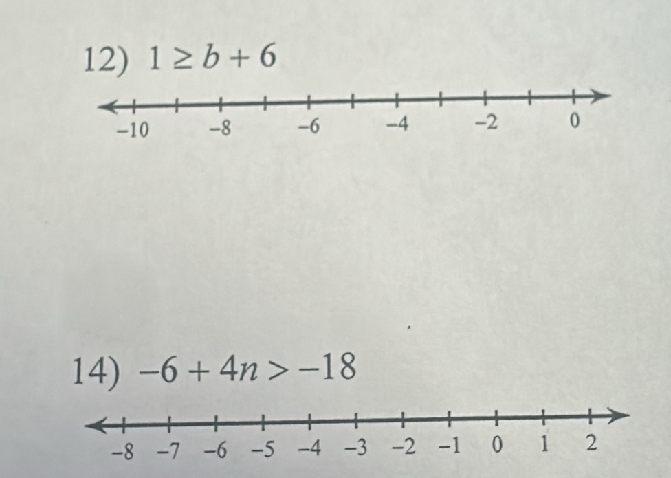 1≥ b+6
14) -6+4n>-18