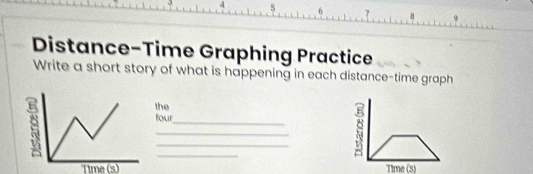 4 5 6 7 8 9 
Distance-Time Graphing Practice 
Write a short story of what is happening in each distance-time graph 
the 
four_ 
_ 
_ 
_ 
Time (s) Time (s)