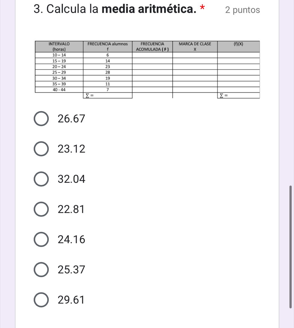 Calcula la media aritmética. * 2 puntos
26.67
23.12
32.04
22.81
24.16
25.37
29.61