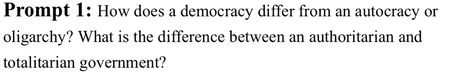 Prompt 1: How does a democracy differ from an autocracy or 
oligarchy? What is the difference between an authoritarian and 
totalitarian government?