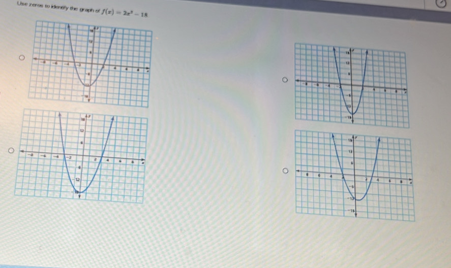 Use zeros to idently the graph of f(x)=2x^2-18