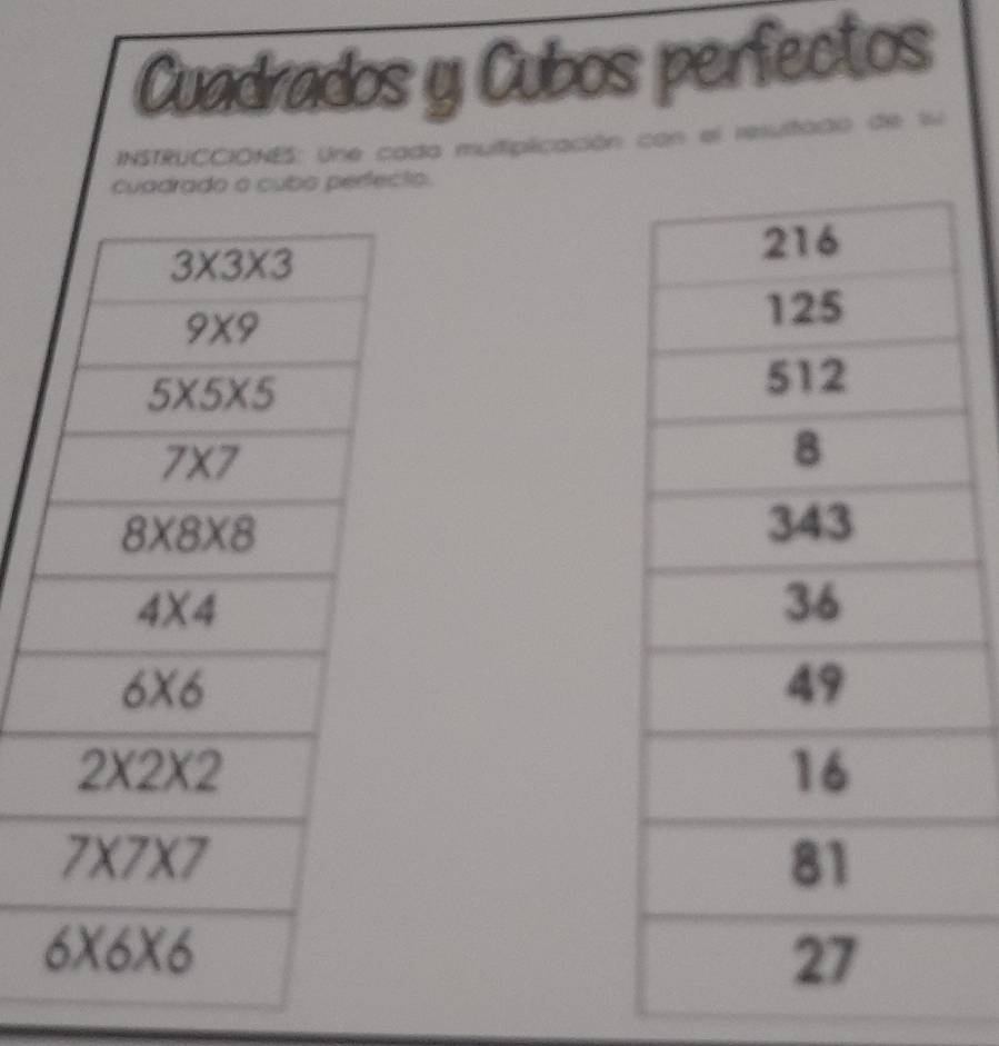 Cuadrados y Cubos perfectos
INSTRUCCIONES: Une cada mutiplicación con el resultado de 14
cuadrado o cubo perfecto.