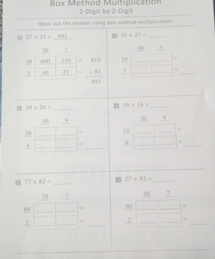 Box Method Multiplication
2-Digit by 2-Digit