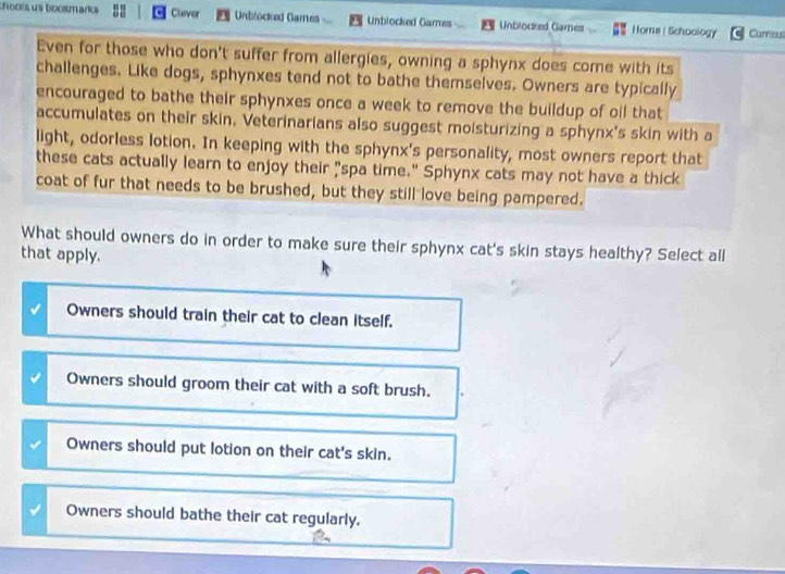 choor us bookmads Clever Unblocked Games Unblocked Games Unblocked Games H ome| Schoology Currieu
Even for those who don't suffer from allergies, owning a sphynx does come with its
challenges. Like dogs, sphynxes tend not to bathe themselves. Owners are typically
encouraged to bathe their sphynxes once a week to remove the buildup of oil that
accumulates on their skin, Veterinarians also suggest moisturizing a sphynx's skin with a
light, odorless lotion. In keeping with the sphynx's personality, most owners report that
these cats actually learn to enjoy their "spa time." Sphynx cats may not have a thick
coat of fur that needs to be brushed, but they still love being pampered.
What should owners do in order to make sure their sphynx cat's skin stays healthy? Select all
that apply.
Owners should train their cat to clean itself.
Owners should groom their cat with a soft brush.
Owners should put lotion on their cat's skin.
Owners should bathe their cat regularly.