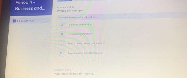 Period 4 -
Business and... Question 4 of 17
What is self-concept?
1-8 Lesson Quiz Select an answer from the options below.
A a person's social class
B a person's generation
C how a person views their culture
D how a person sees themselves
Question 5 of 17
What does “ideal self” refer to?