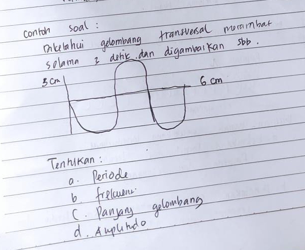 conton soal :
Dnkelahui gelombang tranversal morambar
solamn 3 delik dan digambarkan sbb.
3cm 6 cm
Tenhikan :
a. Periode
6. frelowenr
C. Panyary gelombang
d. Aupuhdo