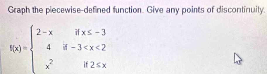 Graph the piecewise-defined function. Give any points of discontinuity.
f(x)=beginarrayl 2-xifx≤ -3 4if-3